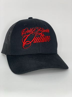 Trucker Hat - Solid Black, Red Lettering